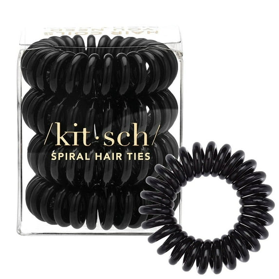Kitsch Spiral Hair Ties for Women - Waterproof Ponytail Holders, Coiled Hair Ties, 4 Pcs (Black)