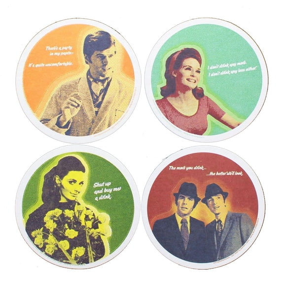 Kitsch on the Rocks Retro Cork Coaster Set - Bad Drinking Jokes - Set of 4