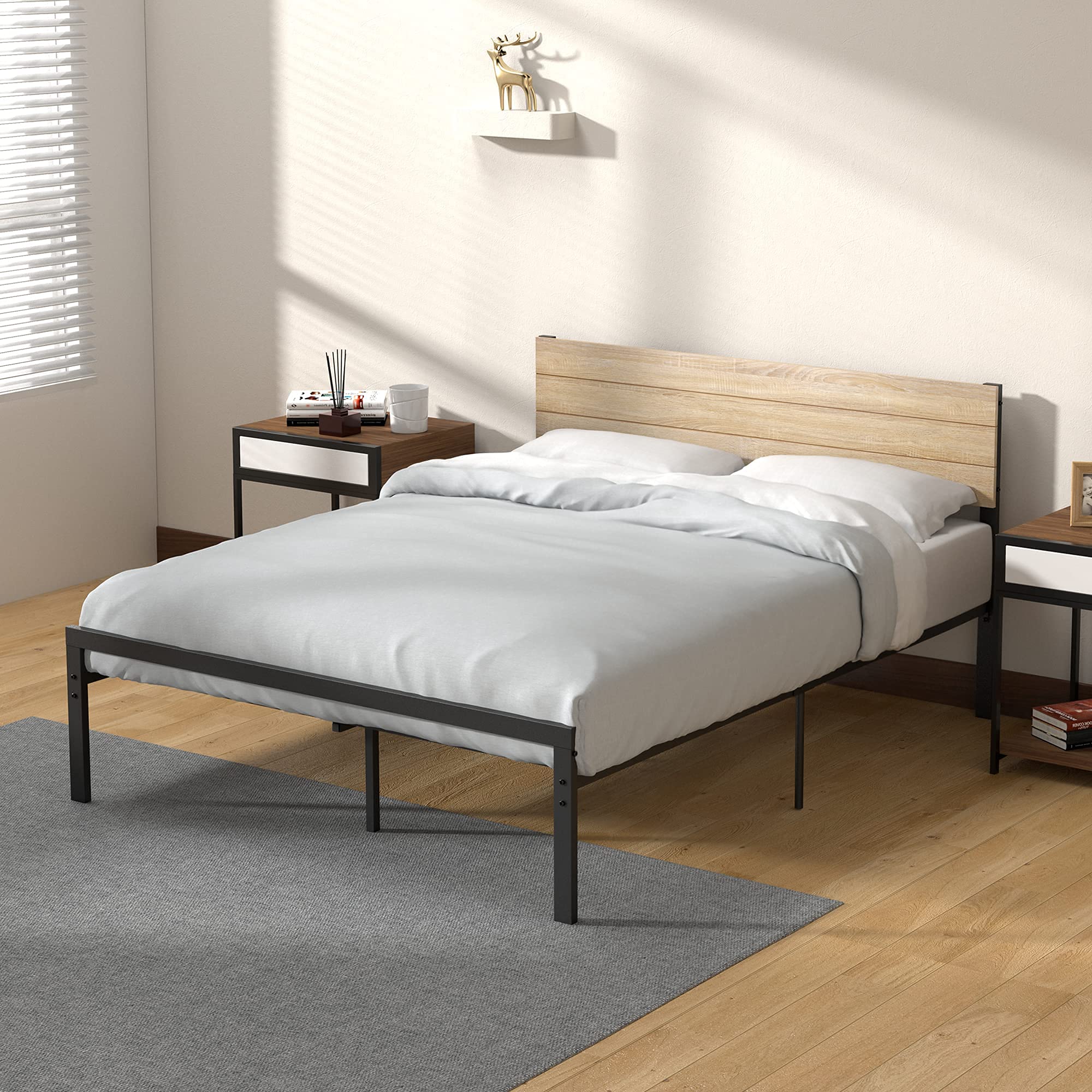 Kitsin Metal Bed Frame Queen Size with Wood Headboard and Metal