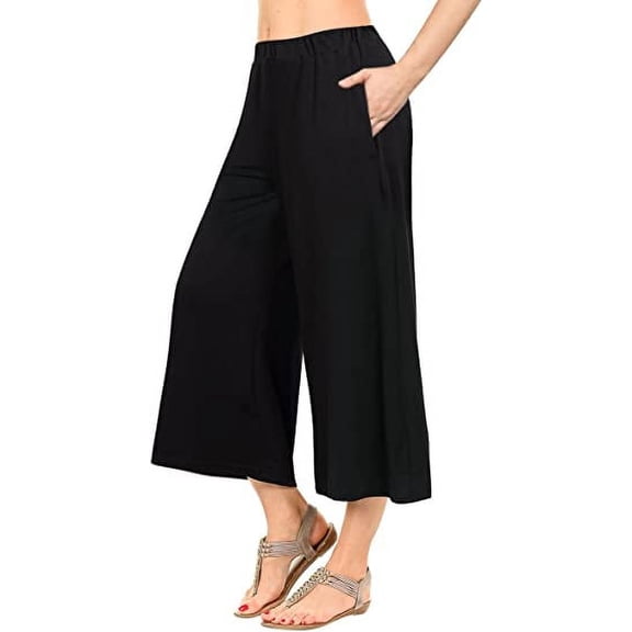 Kitsin Women's Elastic Waist Solid Palazzo Casual Wide Leg Pants with Pockets