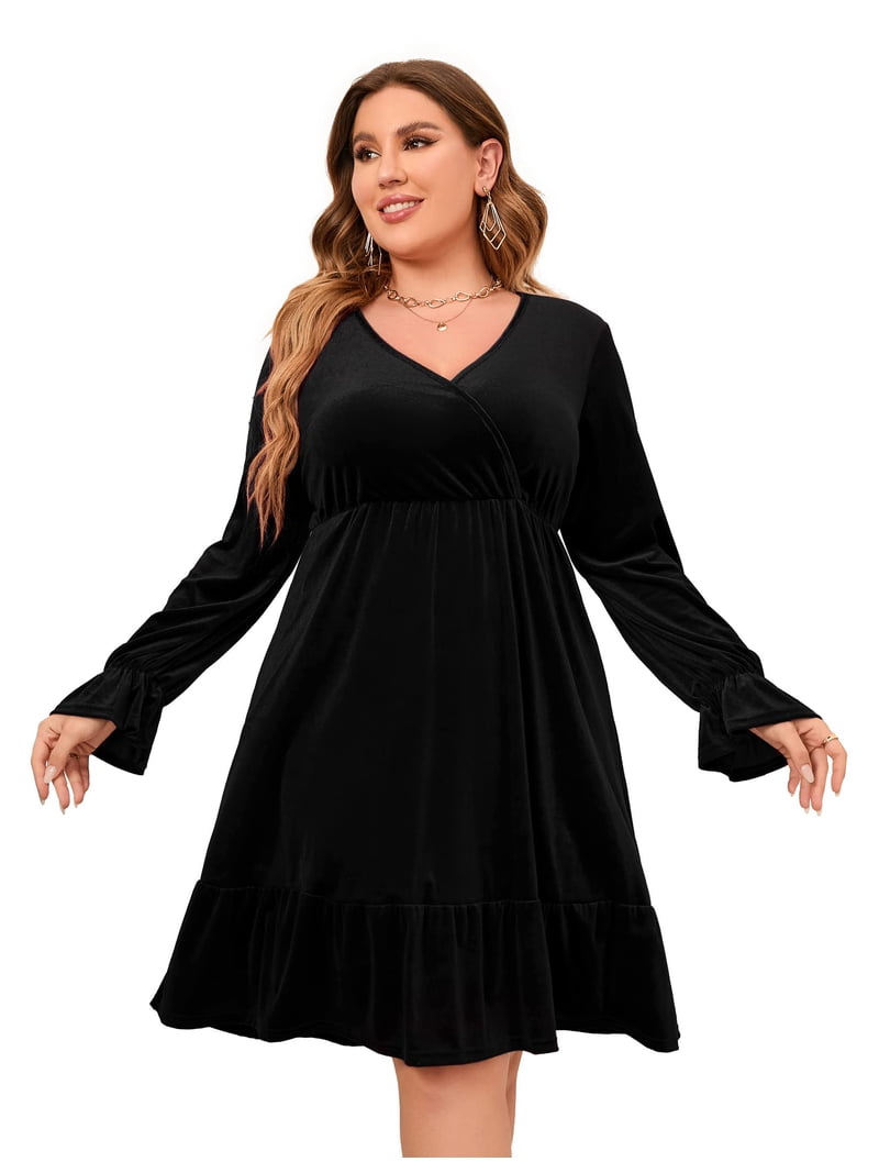 Kitsin Women's Plus Size Velvet Dress Wrap V Neck Swing Dress Long - Main Image
