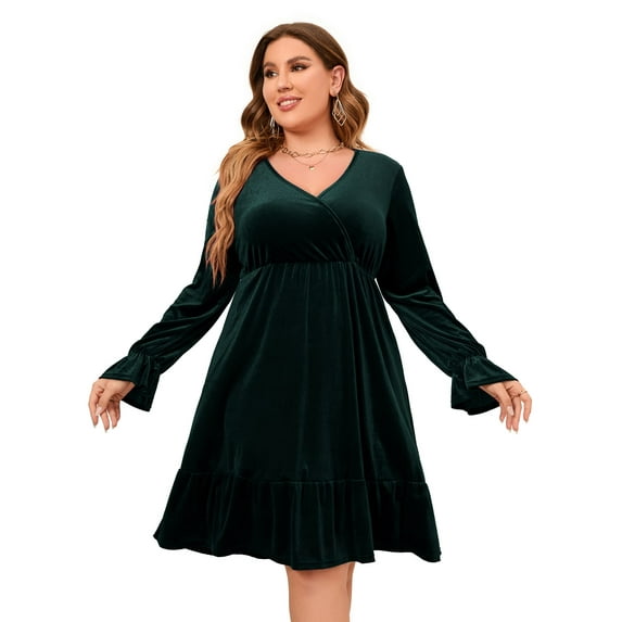 Kitsin Women's Plus Size Velvet Dress Wrap V Neck Swing Dress Long Sleeve Cocktail Party Dress