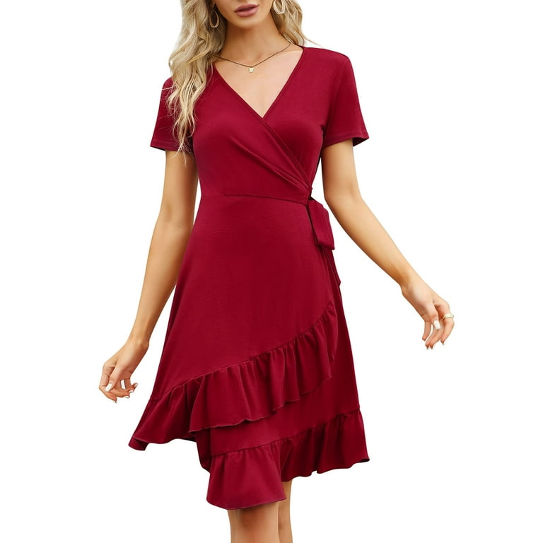 Red Short Sleeve Party Dress With Belt Red Short Sleeve Party Dress With Belt