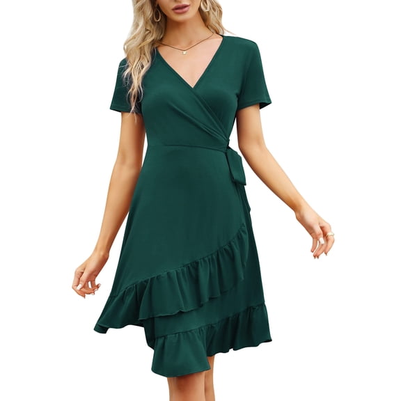 Kitsin Women's Short Sleeve Wrap Dress Summer V Neck High Waist Flowy Tiered Ruffle Party Midi Dresses with Belt