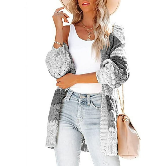 Kitsin Womens Long Sleeve Color Block Cardigan Striped Open Front Chunky Knit Slouchy Sweaters Outwear Coats