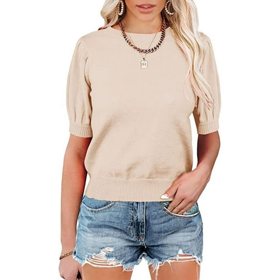 Kitsin Womens Puff Short Sleeve Sweater Tops Crewneck Knit Pullover Lightweight Sweaters Blouse
