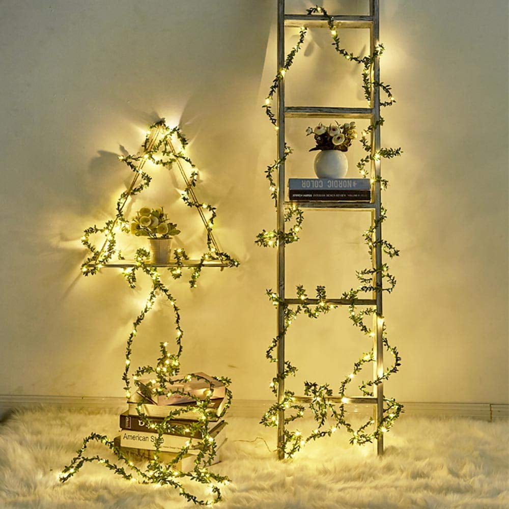 Warm White LED Green Leaf Garland Fairy Lights for Indoor Holiday Decor