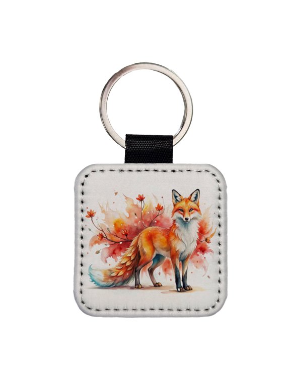 Kitsune Fox Asian Japanese Spirit Animal Folklore Watercolor Faux Leather Square Keychain