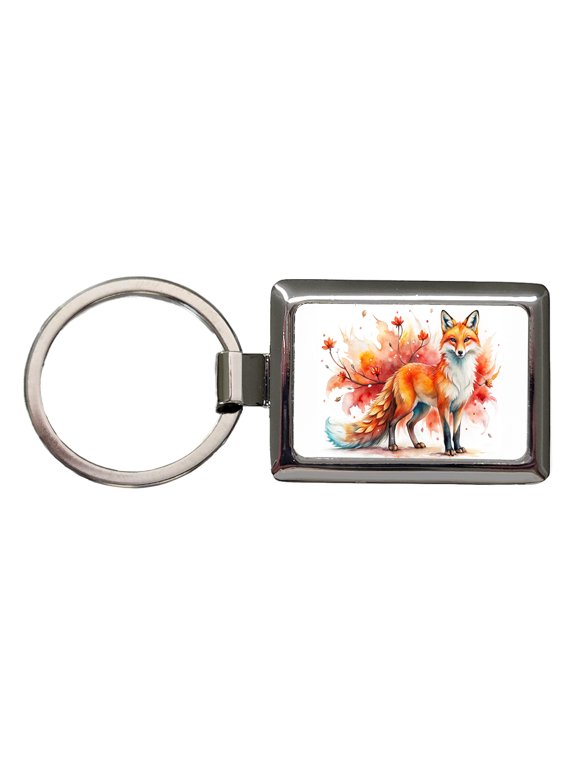 Kitsune Fox Asian Japanese Spirit Animal Folklore Watercolor Metal Rectangle Keychain