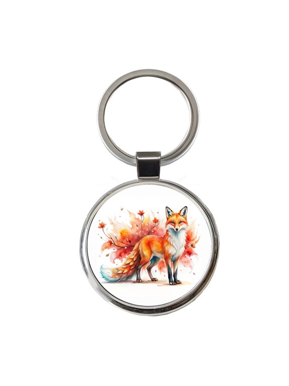Kitsune Fox Asian Japanese Spirit Animal Folklore Watercolor Metal Round Keychain