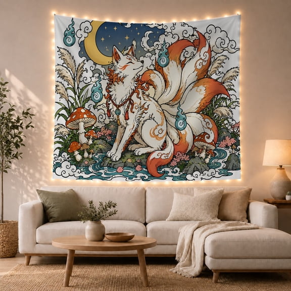 Kitsune Fox Beside Waves and Crescent Moon, Mystical Japanese Inspired Style for Animal Lovers, Fox Wall Art, Housewarming Gift, Tapestry Wall Hanging for Bedroom and Living Room