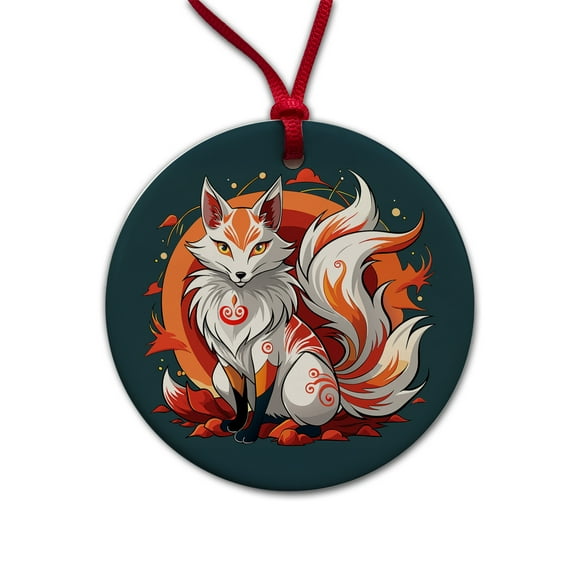 Kitsune Fox Japanese Folklore Christmas Tree Holiday Round Ceramic Ornament