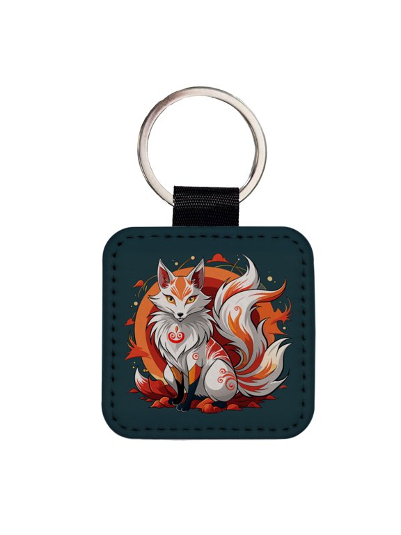 Kitsune Fox Japanese Folklore Faux Leather Square Keychain
