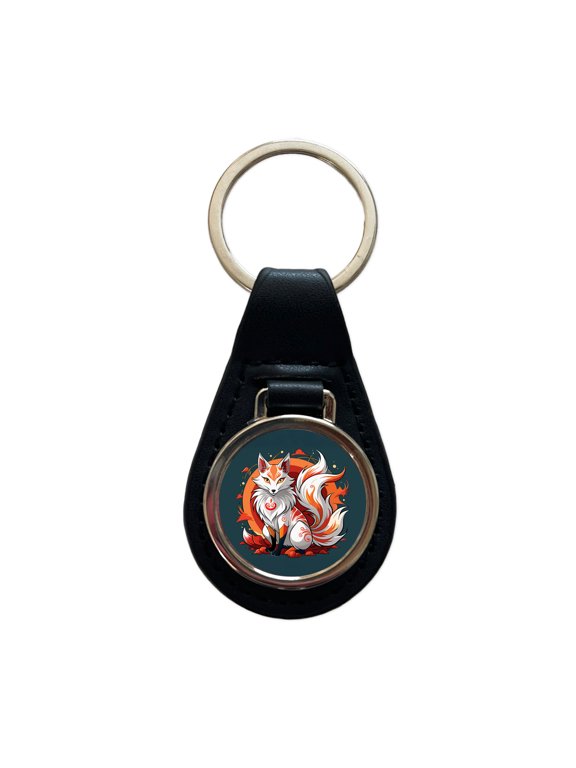 Kitsune Fox Japanese Folklore Metal Black Leather Keychain