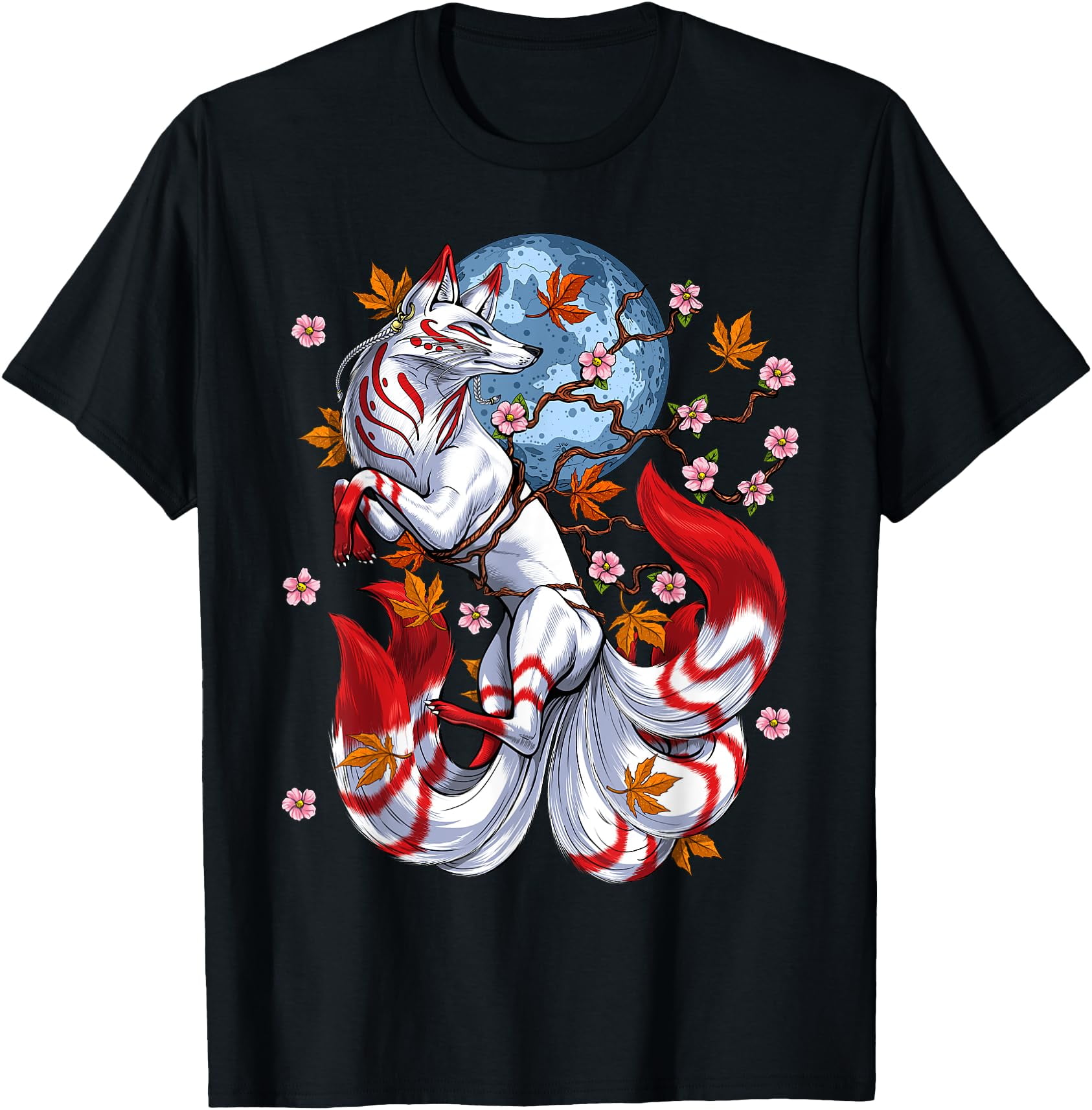 Anime Kitsune Fox Langarmshirt - Japanischer Kawaii Fuchs Mit Kirschblüten
