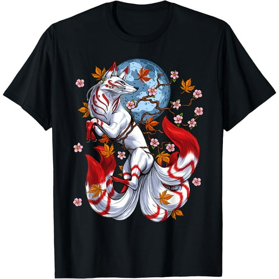 Kitsune Fox Japanese Nine Tailed Fox Cherry Blossom Flowers Unisex T-Shirt for Men Women Kids,Black Color,Size YS