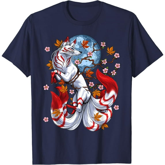 Kitsune Fox Japanese Nine Tailed Fox Cherry Blossom Flowers Unisex T-Shirt for Men Women Kids,Navy Color,Size 5XL