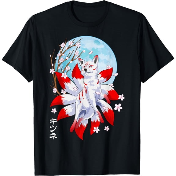 Kitsune Fox Japanese Nine Tailed Fox Magical Creature Unisex T-Shirt for Men Women Kids,Black Color,Size 2XL