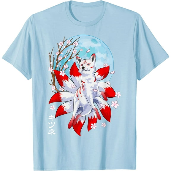 Kitsune Fox Japanese Nine Tailed Fox Magical Creature Unisex T-Shirt for Men Women Kids,Light Blue Color,Size 3XL