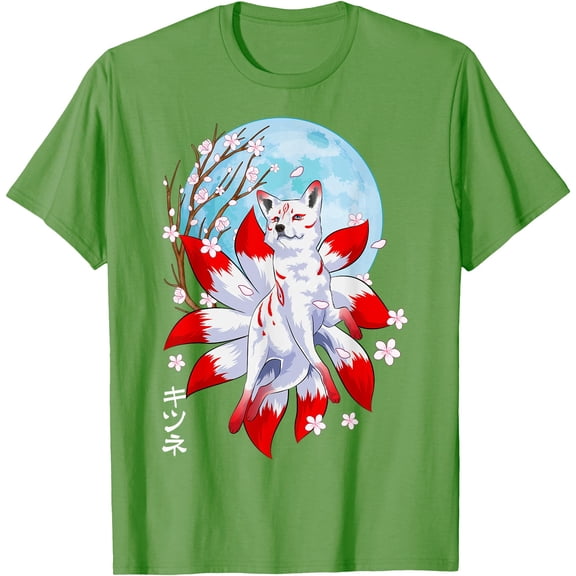 Kitsune Fox Japanese Nine Tailed Fox Magical Creature Unisex T-Shirt for Men Women Kids,Lime Color,Size 4T