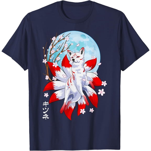 Kitsune Fox Japanese Nine Tailed Fox Magical Creature Unisex T-Shirt for Men Women Kids,Navy Color,Size YXS