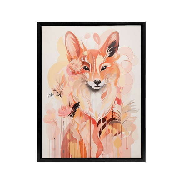 Kitsune Fox Spirit Animal Boho Floral Black Framed Canvas Wall Art Print 24X32"