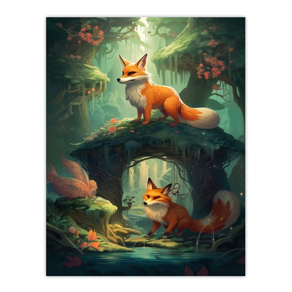 Kitsune Fox Spirits Painting Spring Blooms and Mythical Creatures in an Enchanted Forest Landscape Unframed Wall Art Print Poster Home Decor Premium