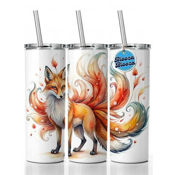 Kitsune Fox With Many Tails Asian Japanese Spirit Folklore Watercolor 20oz Insulated Water Bottle Skinny Tumbler Includes Straw