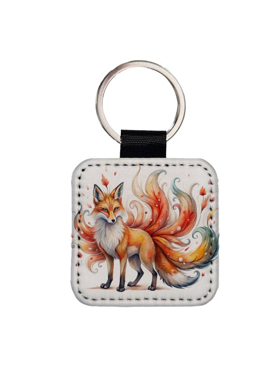 Kitsune Fox With Many Tails Asian Japanese Spirit Folklore Watercolor Faux Leather Square Keychain