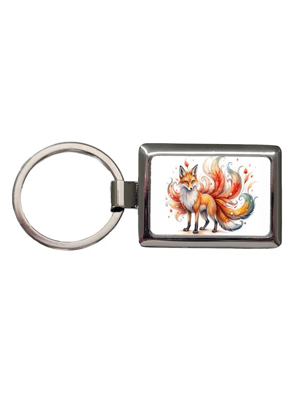Kitsune Fox With Many Tails Asian Japanese Spirit Folklore Watercolor Metal Rectangle Keychain