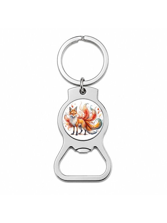 Kitsune Fox With Many Tails Asian Japanese Spirit Folklore Watercolor Portable Bottle Opener Metal Keychain