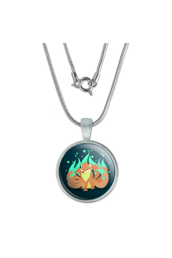 Kitsune Nine-Tailed Fox 0.75" Pendant with Sterling Silver Plated Chain