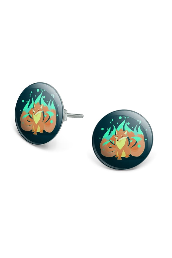 Kitsune Nine-Tailed Fox Novelty Silver Plated Stud Earrings