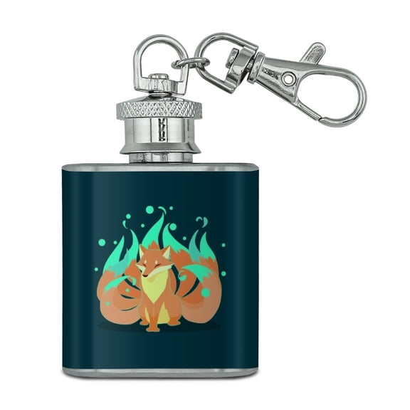 Kitsune Nine-Tailed Fox Stainless Steel 1oz Mini Flask Key Chain