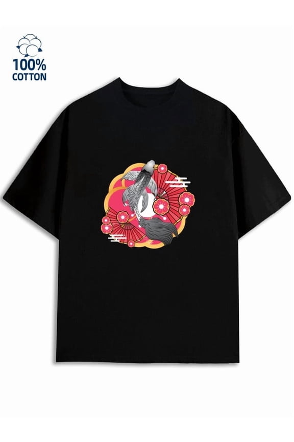 Kitsune T-Shirt men carp 180G 100% Cotton black fun joyful Retro Unisex Shirt Short Sleeve tshirts Original Unisex Shirt Short Sleeve tshirts Fashion Unisex Shirt Cotton tshirts