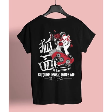 Kitsune T-shirt, Japan Shirt Kyoto, Fox Shirt, Mask Kanji, Kitsune Mask T-shirt (back),streetwear Japanese,aesthetic Shirt,raditional,sakura