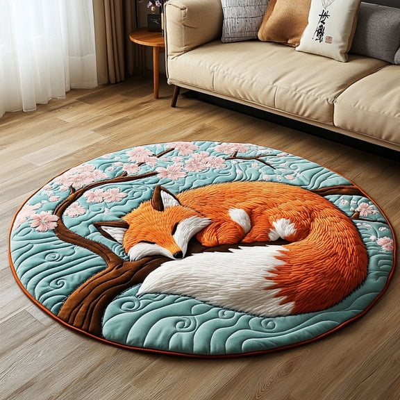 Kitsune Whisper Quilted Round Mat, 3D Optical Illusion Fox Rug, Japanese Kitsune Floor Mat, Fantasy Asian Decor, Indoor Outdoor Area Rug