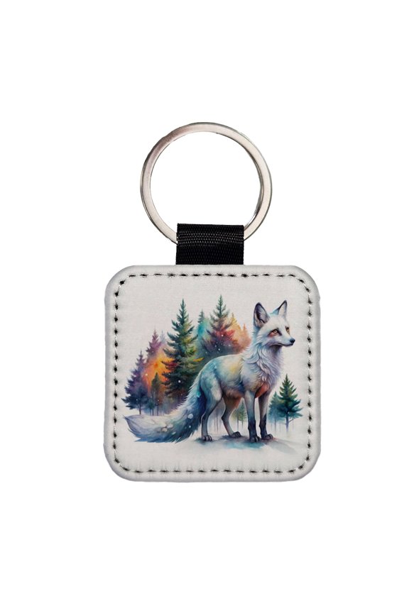 Kitsune White Fox Asian Japanese In Forest Watercolor Faux Leather Square Keychain