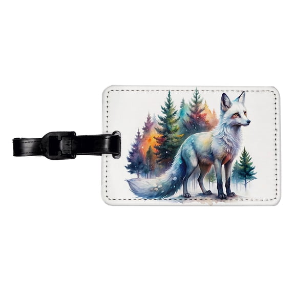 Kitsune White Fox Asian Japanese In Forest Watercolor Faux Leather Travel Luggage Tag