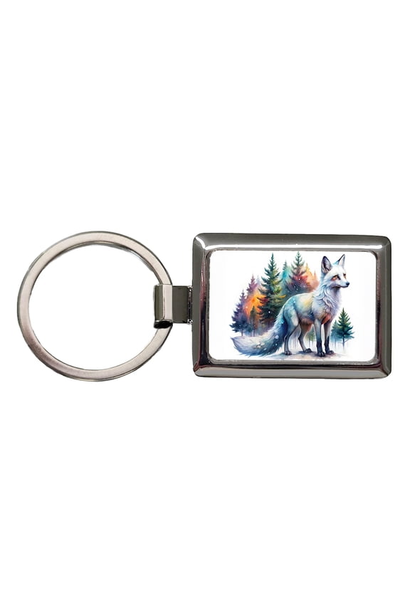 Kitsune White Fox Asian Japanese In Forest Watercolor Metal Rectangle Keychain