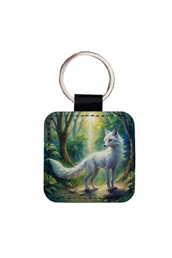 Kitsune White Fox Fantasy Japanese In Forest Watercolor Faux Leather Square Keychain