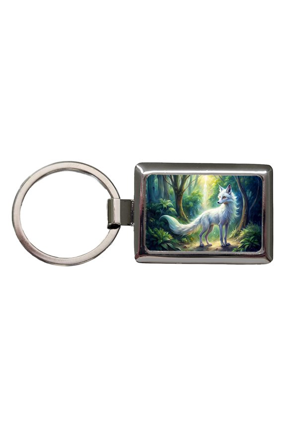 Kitsune White Fox Fantasy Japanese In Forest Watercolor Metal Rectangle Keychain