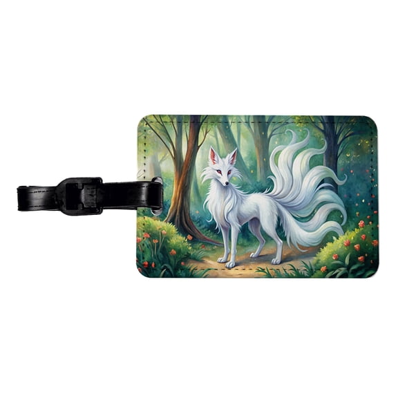 Kitsune White Fox With Many Tails Japanese Spirit Animal Watercolor Faux Leather Travel Luggage Tag