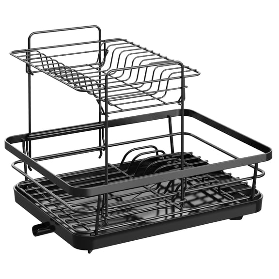 Kitsure 2-Tier Dish Drying Rack for Kitchen Counter, Stainless Steel Dish Drainer with Cutlery Holder, Sink Organization and Storage Rack for Plates, Bowls and Cups, 10.5" W x 14.5" L, Black