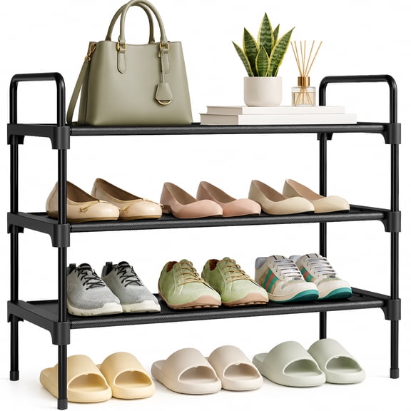 Kitsure 3-Tier Shoe Rack for Closet, Sturdy Shoe Organizer, 27.6" x 11.8" x 22.6", Black