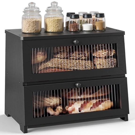 Kitsure Bread Box - Bouble-Layer Bamboo Bread Box for Kitchen Countertop with Magnetic Acrylic Doors, Kitchen Countertop Organize for Snack, Bread Storage, 14.8" x 8.3" x 12.9", Black