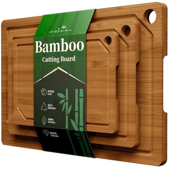 Kitsure 3-Piece Cutting Board Set - Cross-Laminated 3-Layer Bamboo Cutting Boards for Kitchen with Juice Grooves and Built-In Handles, Ideal Kitchen Gadgets for Versatile Prep & Serving