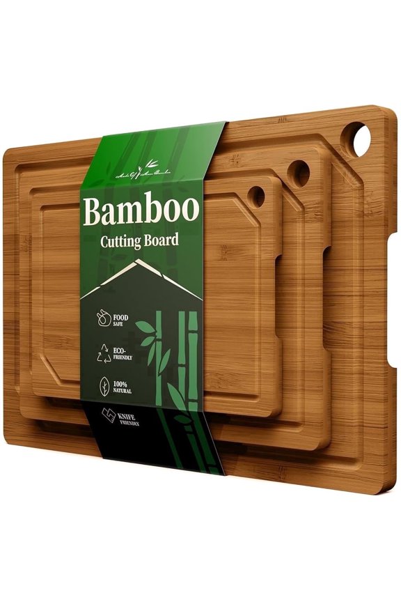 3-Piece Cutting Board Set - Cross-Laminated 3-Layer Bamboo Cutting Boards for Kitchen with Juice Grooves and Built-In Handles, Ideal Kitchen Gadgets for Versatile Prep & Serving