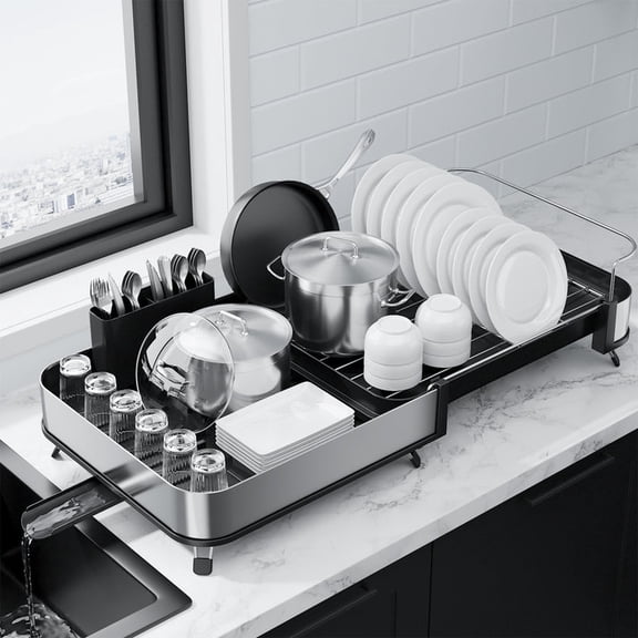 Kitsure Dish Drying Rack - Expandable Stainless Steel Dish Racks for Kitchen Counter, Auto-Drain Drying Rack for Kitchen with Cutlery Holder & Non-Slip Feet, 16.1-26.6" L x 12.6" W, Black