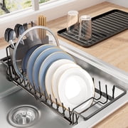 Kitsure Expandable Dish Drying Rack with Drying Tray, Over Sink Dish Rack for Kitchen Counter, Removable Utensils Holder, Fits 14"-20.9" Sink, Black